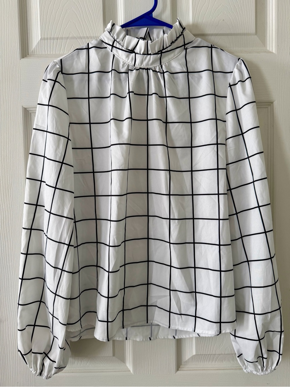 Women's White Grid-Print Ruffle Neck Blouse